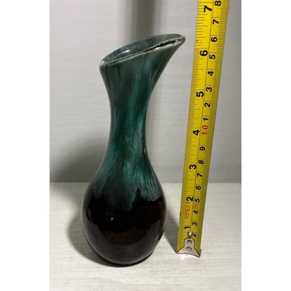 Canadian Pottery Bud Vase Slant Cut Bulb 6.5" Light Teal Black Drip Glaze MCM - Picture 5 of 8